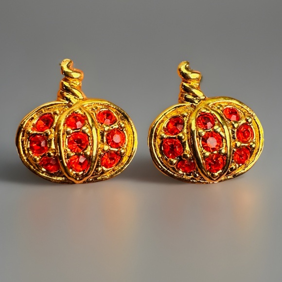 Jewelry - Goldtone Red Bling Fall Autumn Festive Halloween Pumpkin Pierced Earrings